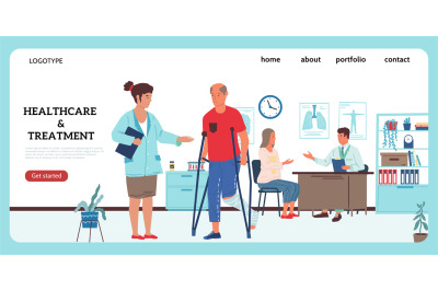 Doctor in hospital landing page. Health care and treatment. Website UI