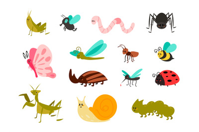 Cute bugs set. Cartoon colorful garden animals for kids illustration&2C;