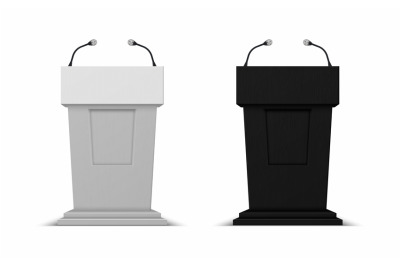 Debate stage with microphones. Vector 3D conference speech black and w