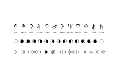 Moon phases icons. Black and white symbols of solar system planets or