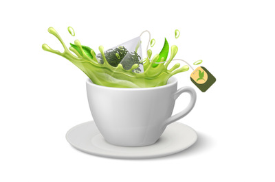 Realistic cup of green tea. White mug and saucer with splashes of hot