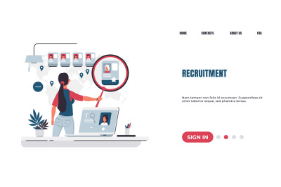 Recruitment landing page. Employee searching and hiring. HR manager ex