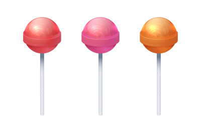 Round sweet lolly candies. Realistic lollipop set. Caramel spheres on