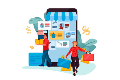 People shopping. Cartoon man and woman buy clothes and electronics in