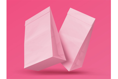 Snack bag. Realistic blank paper sacks. Pink closed packages for food