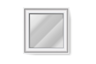 Square mirror. Realistic glass shape with frame and light reflection.