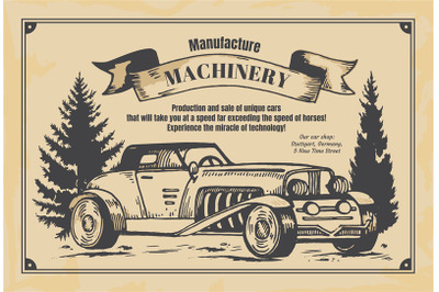 Vintage newspaper banner. Machinery manufacture poster on yellow newsp