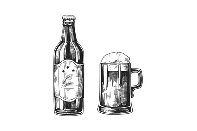 Vintage pub glass mugs with beer. Hand drawn bottle and cup with refre