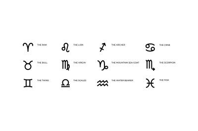 Zodiac signs. Astrology and horoscope black symbols. Astrological cale