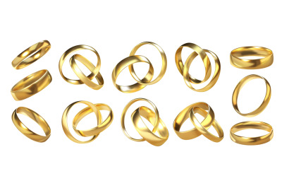 Ring pairs. 3D golden wedding accessories. Realistic marriage or engag