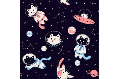 Space animals pattern. Seamless black background with cosmic spaceship
