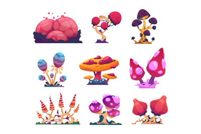 Alien mushrooms. Cartoon fantasy flora. Extraterrestrial nature. Magic
