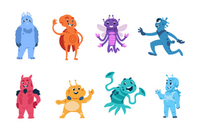 Alien character. Cartoon extraterrestrial monsters. Cute friendly stra