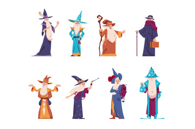 Cartoon wizard. Magician old characters with beard wear long robes and
