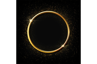 Golden ring background. Circle frame with sparkle effects, shiny metal