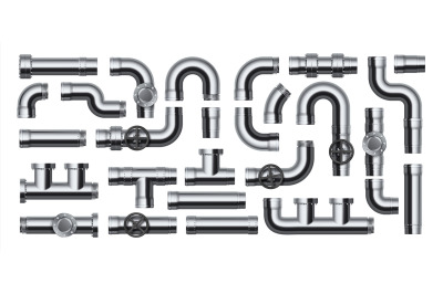 Realistic pipes. Water tube pipelines with valves, joints and connecti