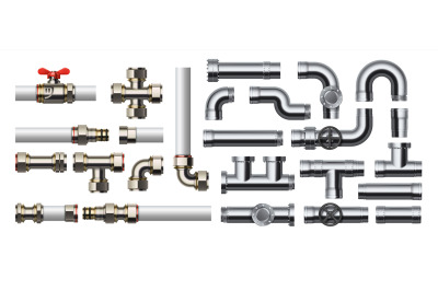 Metal pipeline. Realistic industrial conduit with connections and valv