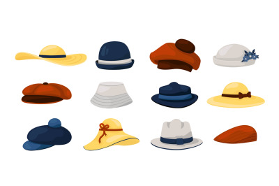 Hats. Men and women fashion vintage caps and panamas, classic ladies a