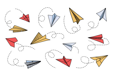 Doodle paper plane. Hand drawn colorful airplane with outline curve ro