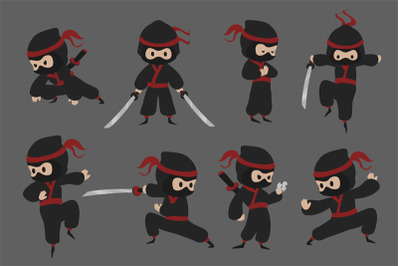 Cute ninja. Cartoon Japanese warrior with sword in different poses. As