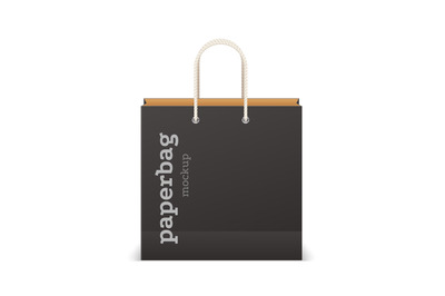 Black shopping bag. Square paper sack&2C; mockup for branding. Blank pack