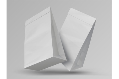 Food bags. Realistic white paper packages. Blank closed packets&2C; mocku