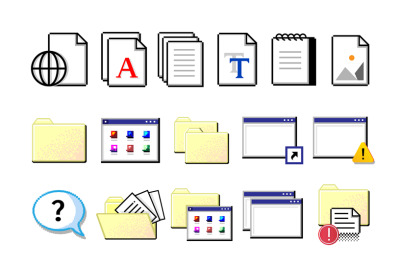 Old computer icons. Retro pixel signs. Yellow folders and white sheets