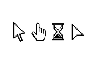 Old computer mouse pointers. Pixelated cursors. Arrow symbols and hand