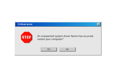 Old computer window. Popup critical error. System reboot request. Clas