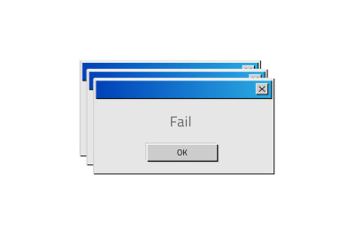 Old computer window. Popup fail. Square frame with system error messag