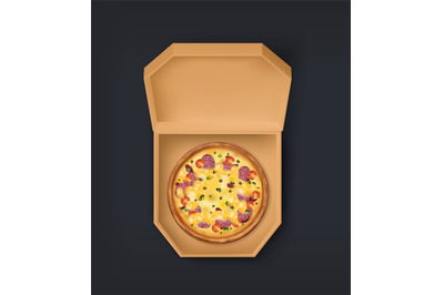 Package with pizza. 3D cardboard box with traditional Italian meal wit