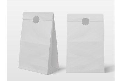 Realistic cardboard package. White paper bag closed with blank adhesiv