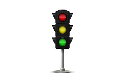 Realistic city traffic light. Vector stoplight with green yellow and r