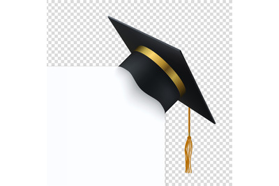 Black degree ceremony hat with white banner. 3D realistic graduation c