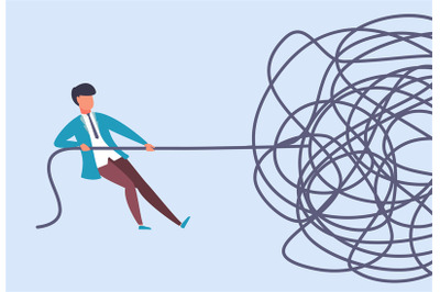 Businessman pulls rope. Complex problem solving concept. Find start at