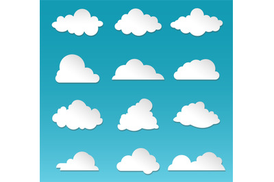 Clouds. Rainy sky. Cartoon fluffy white shapes on blue background. Pap