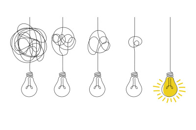 Messy lines and bulb. Idea concept with lamps. Doodle tangled cord and