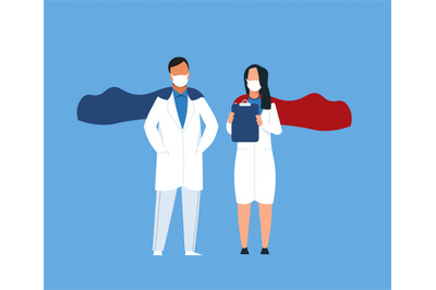 Superhero doctors. Medical workers wearing capes with uniform and prot