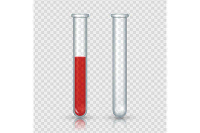 Test tubes with blood. Realistic laboratory equipment. Empty and full