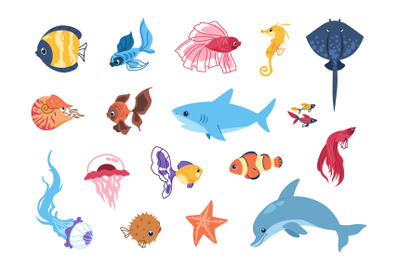 Cartoon sea animals. Funny tropic underwater creatures, exotic aquariu