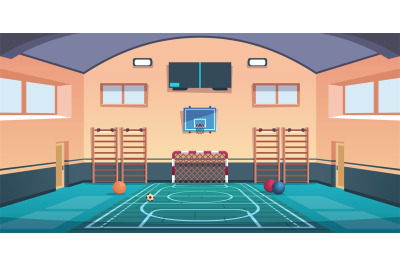 Cartoon school court. Gym with basketball basket and football goal or