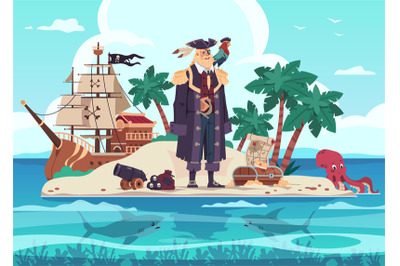 Pirate island. Cartoon kid&#039;s adventure illustration with captain of ma