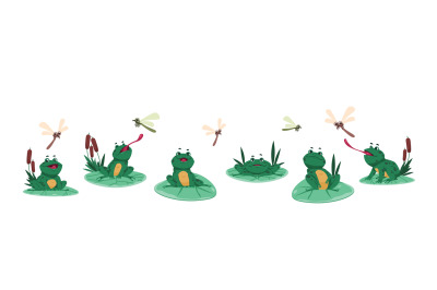 Frog poses. Cartoon green aquatic animal sitting on water lily leaves&2C;