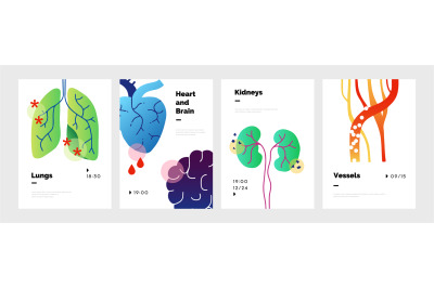 Body organs poster. Doodle banners set with lungs and kidneys&2C; heart o