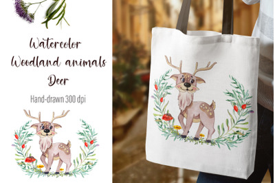 Watercolor deer and beautiful wreath PNG for sublimation