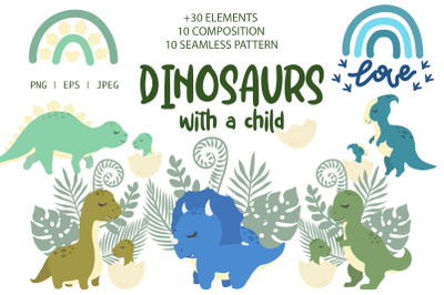 Dinosaurs with a Child Clipart