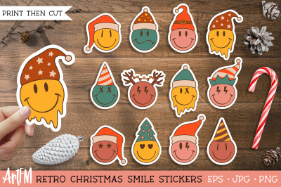 Retro Christmas Sticker Bundle | Smile Face Stickers in PNG