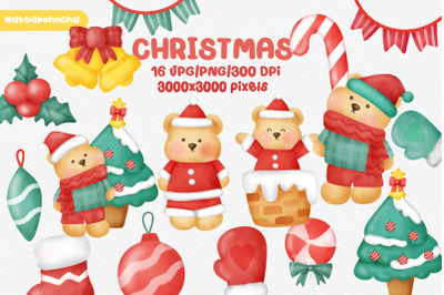Christmas teddy bear in watercolor style clipart.