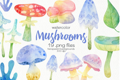 Watercolor Mushrooms Clipart - PNG Files