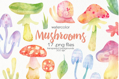 Watercolor Mushrooms Clipart - PNG Files